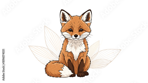 Detailed illustration of a cute red fox sitting calmly with faint leaf outlines and a minimalist background composition.