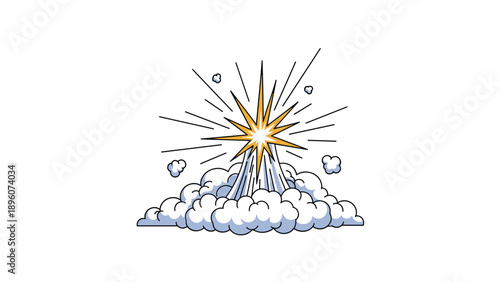 Dramatic illustration of a bright golden star or explosion rising from a bed of fluffy white clouds into a clear sky.