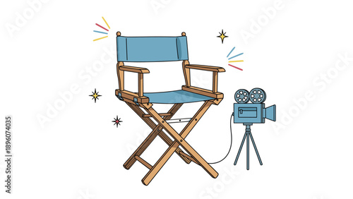 Director's chair sitting next to a vintage movie camera with decorative stars and rays for a classic film production theme.