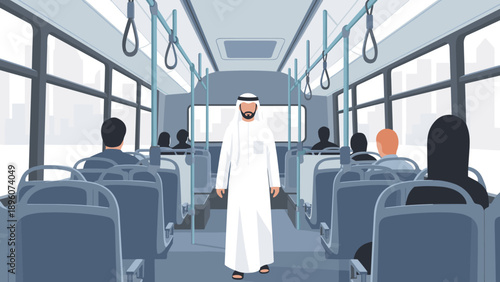 Modern city bus interior with passengers in traditional middle eastern clothing