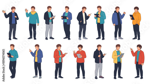 Collection of various male characters in casual clothing standing in different poses and using modern digital tablets.