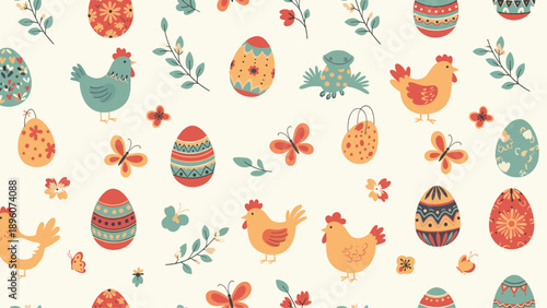 Easter seamless pattern with colorful decorated eggs chickens butterflies and spring flowers on a light cream background.