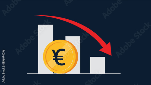Financial bar chart with falling bars and a red downward arrow next to a gold coin with the yen or yuan currency symbol.