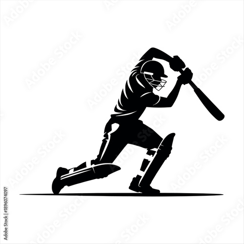 A dynamic silhouette of a baseball player swinging a bat with protective gear. Vector