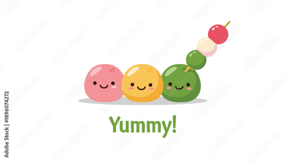 Fototapeta premium Three colorful dango rice dumplings with smiling faces on a stick, accompanied by the word yummy in a cute food-themed illustration.