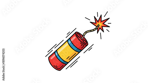 Exploding stick of dangerous red dynamite with a red and yellow casing and a burning fuse emitting sparks in mid air.