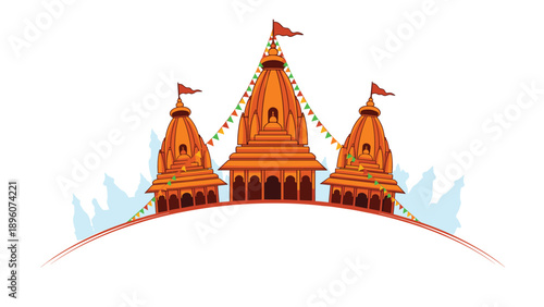 Traditional Hindu temple architecture with three orange shikharas and colorful flags against a light blue sky.
