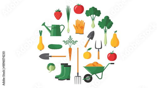 Circle composition of gardening tools and fresh vegetables like tomatoes, carrots, and onions on a white surface.