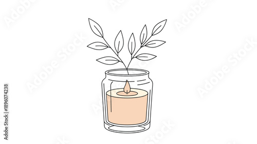 Scented candle burning in a clear glass jar with green leafy branches sprouting from the top for a natural look.