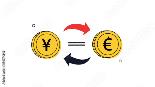 Financial concept illustration showing the exchange between Japanese Yen and Euro coins with connecting arrows.