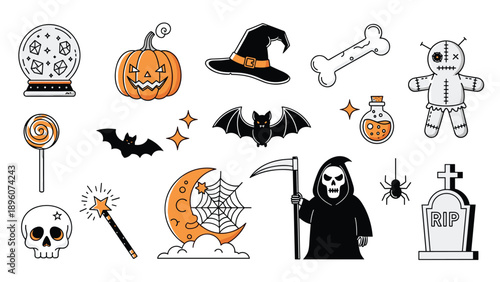 Diverse collection of spooky Halloween icons including a skull, pumpkin, bats, reaper, voodoo doll, and magic items.