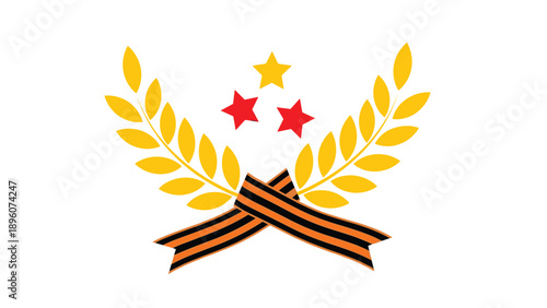 Patriotic victory symbol featuring a yellow laurel wreath, three red stars, and a striped ribbon on white backdrop.