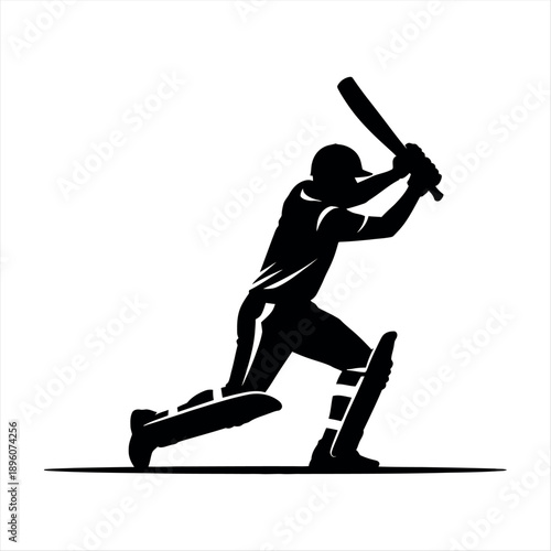 A silhouette of a cricket player in action, swinging the bat to hit the ball. Vector