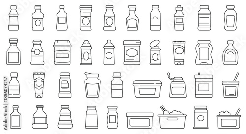 Collection of various sauce and condiment bottle outlines including ketchup mustard mayo and dressing containers for kitchen use.