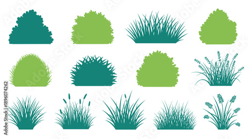 Various green silhouettes of garden bushes, tall grass, and leafy shrubs arranged in rows on a white background.