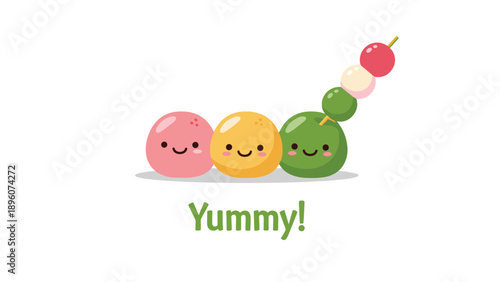 Three colorful dango rice dumplings with smiling faces on a stick, accompanied by the word yummy in a cute food-themed illustration.