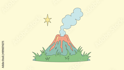 Small cartoon volcano with orange lava flowing down its sides and a large plume of smoke rising into a yellow sky.