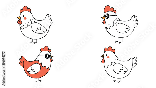 Set of four cute white chickens with red combs featuring different unique accessories like glasses and sunglasses.
