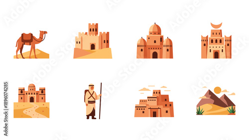 Desert landscape with middle eastern architecture and camel