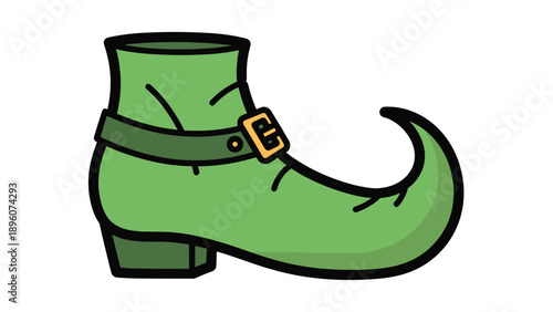 Iconic green leprechaun boot with a pointed toe and a gold buckled strap for festive Saint Patricks Day celebrations.