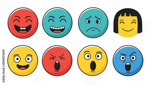 Row of colorful circular emoji faces expressing various common emotions like joy, sadness, anger, and surprise.