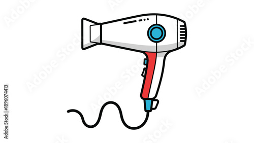 Modern hair dryer appliance illustration in white, red, and blue colors with a wavy power cord isolated on a white background.