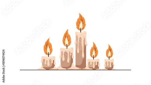 Set of five candles of varying heights with melting wax and orange flames shaped like leaves on a simple horizon line for meditation.
