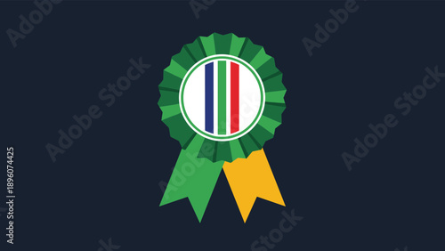 Award ribbon medal with a green pleated rosette and green and yellow tails isolated on a dark background for winning a competition.