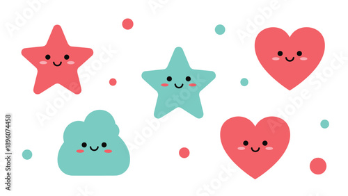 Collection of cute smiling characters including two stars, two hearts, and a fluffy cloud on a white background for nursery decoration.