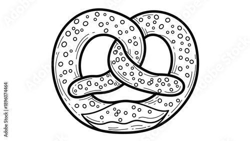 Delicious traditional pretzel snack illustration in a bold line art style with visible salt crystals and shadows for a bakery theme.