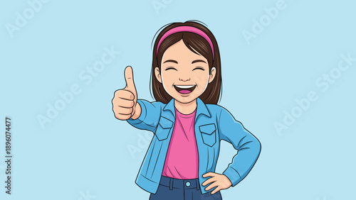 Happy young girl with brown hair and a pink shirt giving an enthusiastic thumbs up gesture on a blue background for positive feedback.