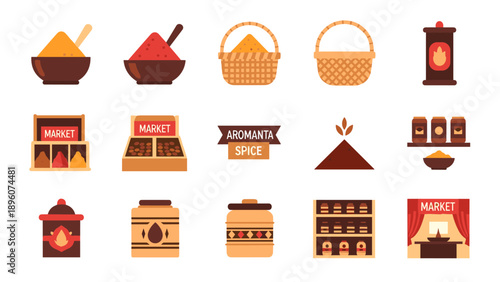 Collection of flat style spice market icons with basket and jar designs