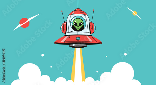 Friendly green alien pilots a red flying saucer that blasts off into space above white fluffy clouds and distant planets.