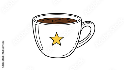Simple ceramic coffee cup filled with dark espresso featuring a prominent yellow star on the side in a clean and modern vector art style.