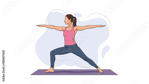 Fit woman practicing yoga in a warrior two pose on a purple mat with a soft blue abstract background for wellness and health concepts.