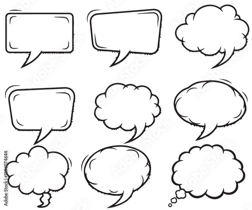 Collection of nine comic book speech bubbles in various shapes and sizes