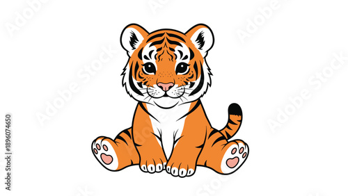 Sweet baby tiger cub sitting down with a friendly expression featuring detailed orange and black fur patterns in a cute cartoon style.
