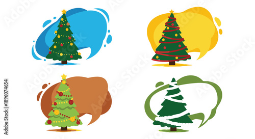 Four different Christmas tree illustrations are shown with colorful ornaments, stars, and decorative background shapes.