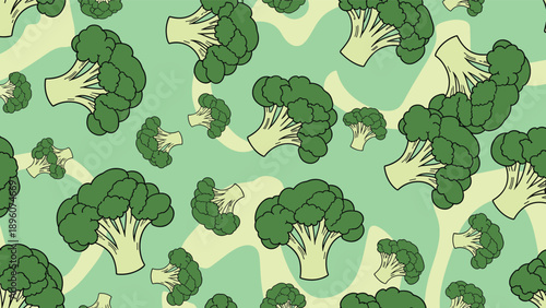 Seamless background pattern of green broccoli florets in a hand-drawn doodle style on a soft green wavy backdrop for healthy food themes.