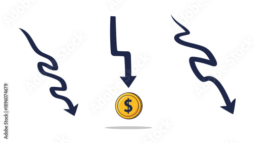 Three dark blue wavy arrows pointing downwards toward a gold dollar coin to represent economic decline financial loss or inflation trends.