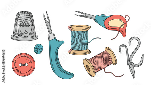 Collection of sewing accessories including thread spools a thimble buttons and fabric cutters in a hand-drawn style with soft color accents.