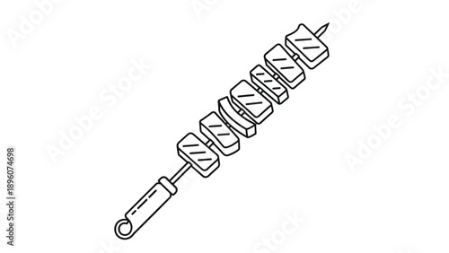 Simple line drawing of a grilled kebab skewer with pieces of meat and vegetables for use in menus or food related illustration projects.
