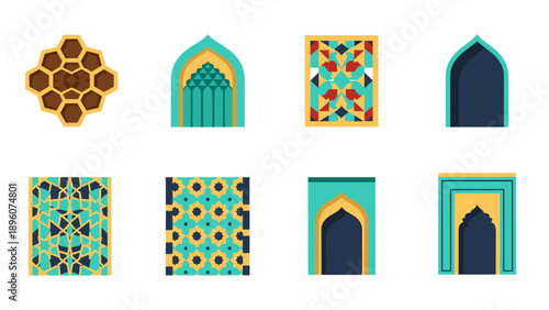 Geometric islamic patterns and architectural elements in flat design