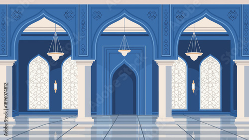 Elegant interior of a blue architectural hall with arched doors and windows