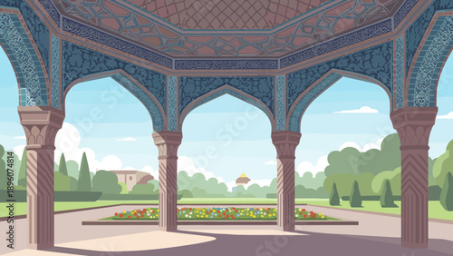 Intricate architectural pavilion in lush garden setting with ornate patterns