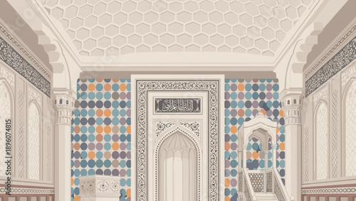 Ornate middle eastern architecture with geometric patterns and arched doorways