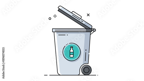 Gray recycling bin for glass bottles featuring a partially open lid and a clear identification symbol on a white background.