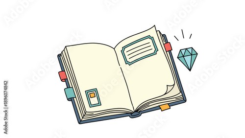 Open blank notebook featuring colorful organizational tabs and a sparkling blue diamond icon on a clean white background.