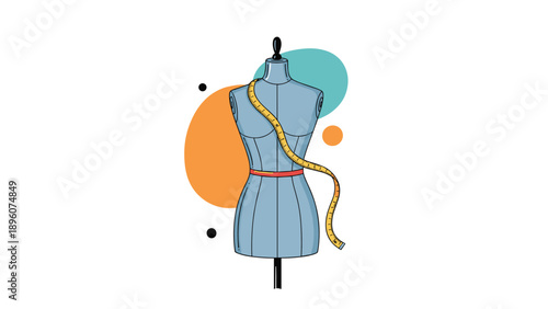Tailor dummy or mannequin dressed with a yellow measuring tape against a backdrop of abstract colorful shapes.