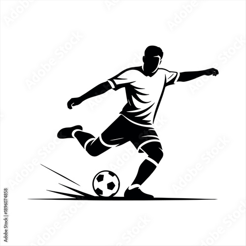 A dynamic silhouette of a soccer player kicking a ball in action. Vector